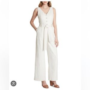 Tahari Levine ivory linen belted wide leg jumpsuit